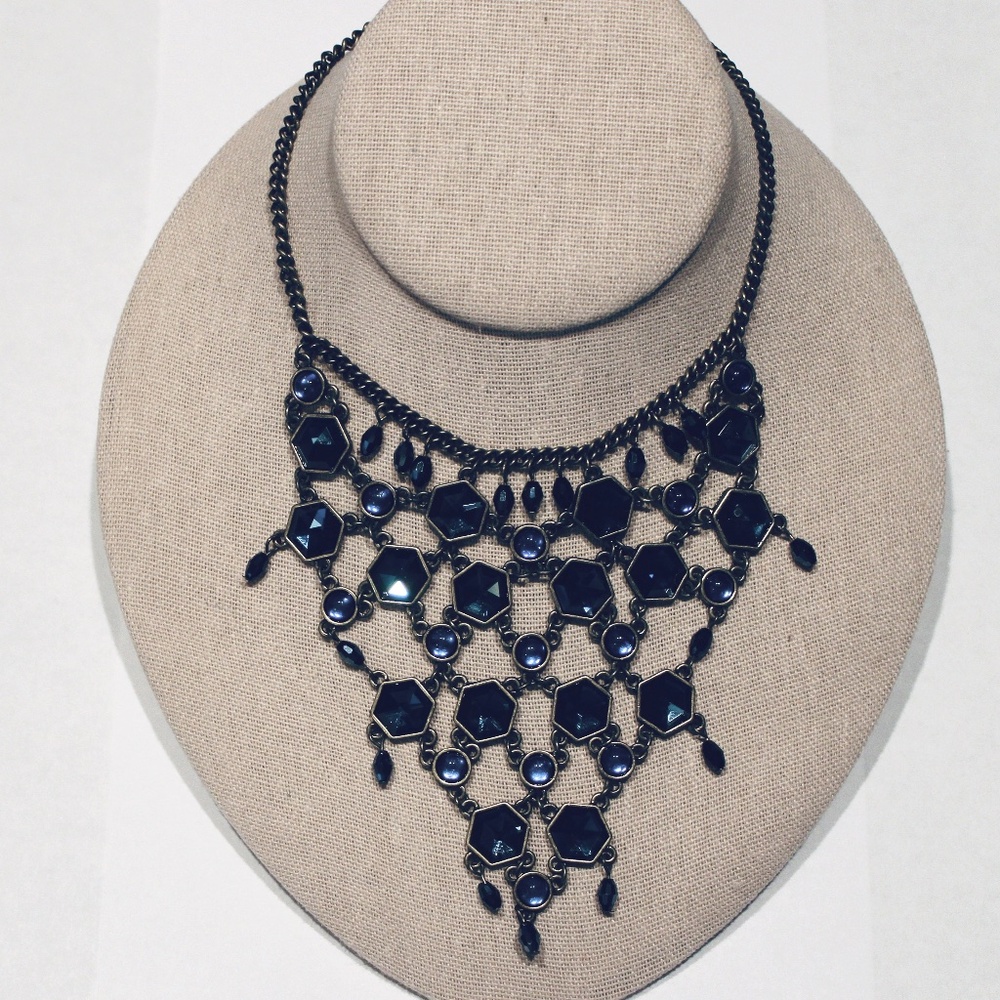 Bib Style Necklace, Blue Rhinestone, Antique Gold-tone Setting
